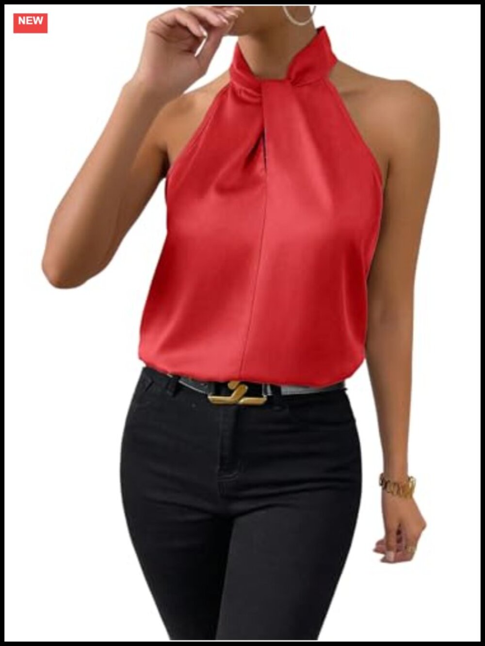 Satin Twist Front Halter Sleeveless Blouse Keyhole Back